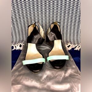 Georgina Goodman Strappy Heels - Sz 8.5 (39) - Black with teal toe strap